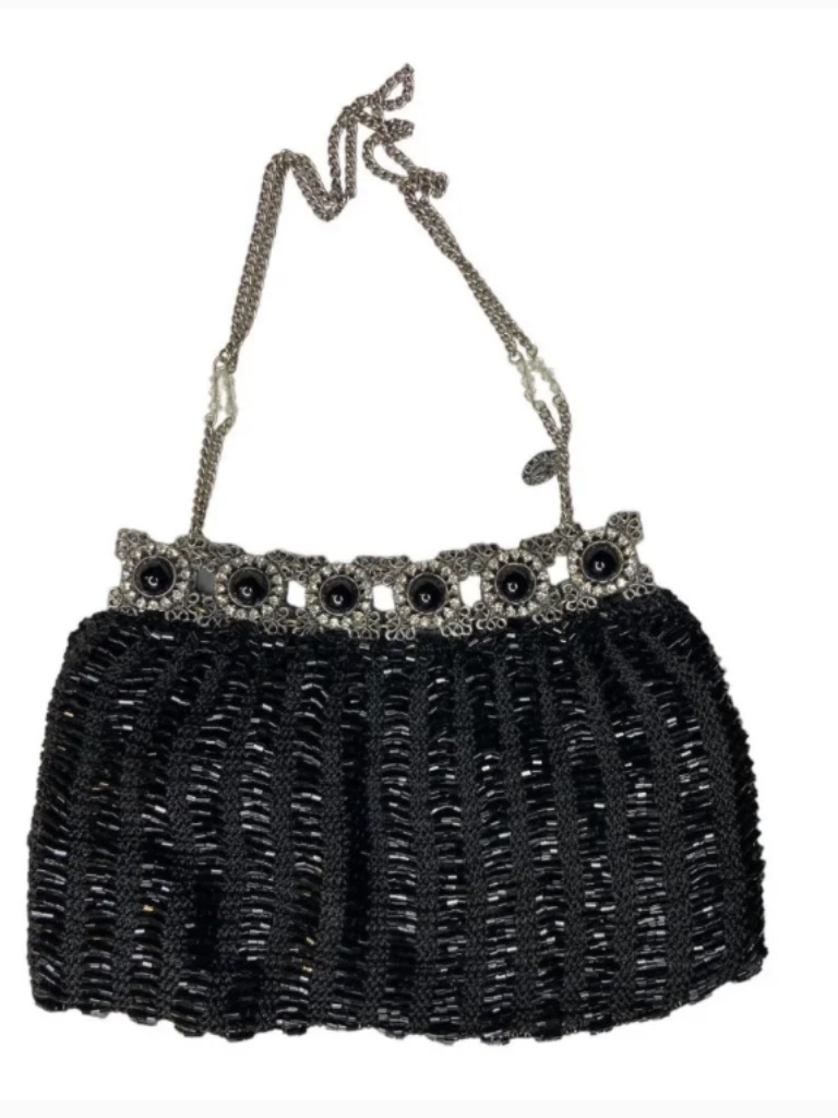 Vintage Clara Kasavina Crystal & Bead Embellished Black Knit Evening Bag Clutch